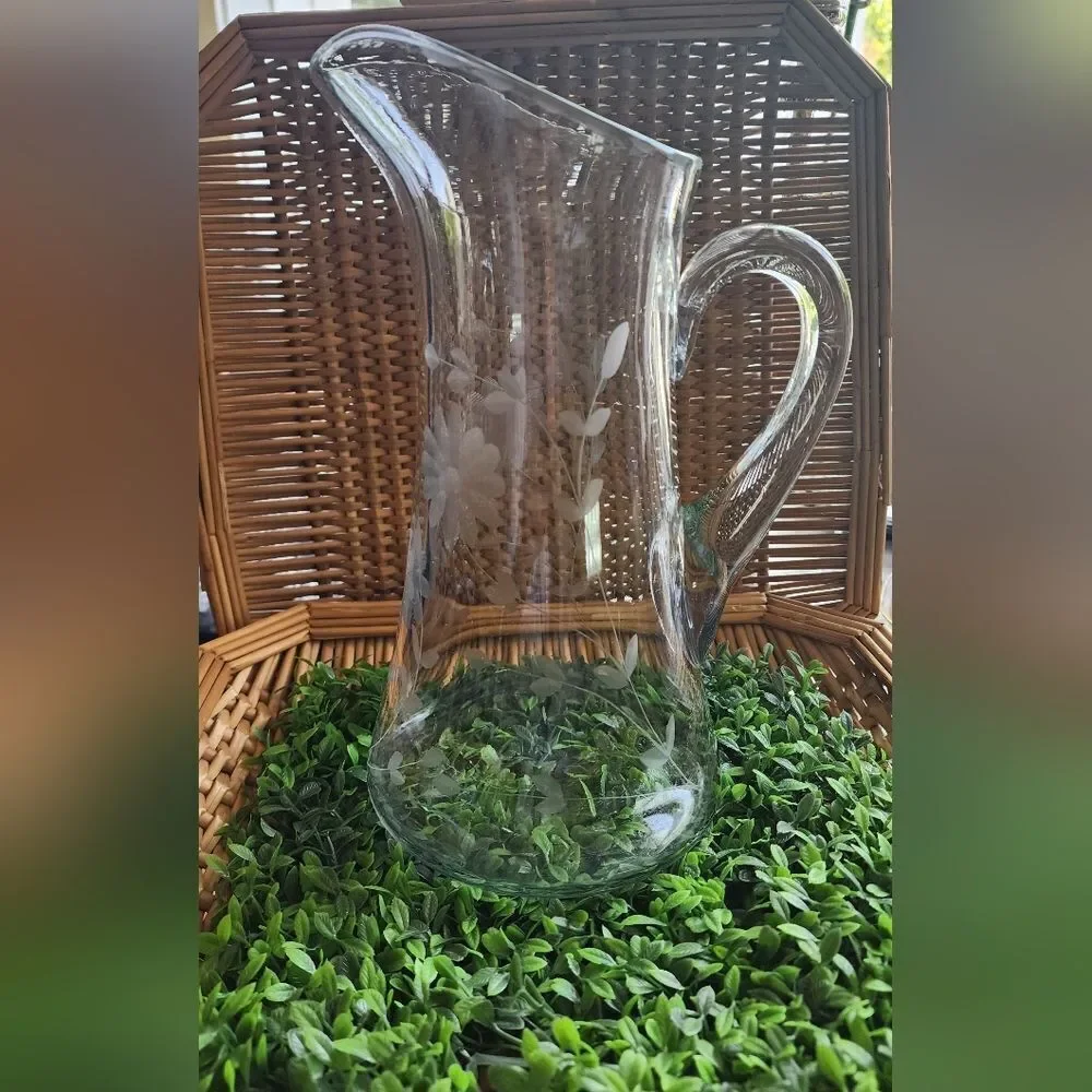 Vintage Etched Floral Pitcher Large